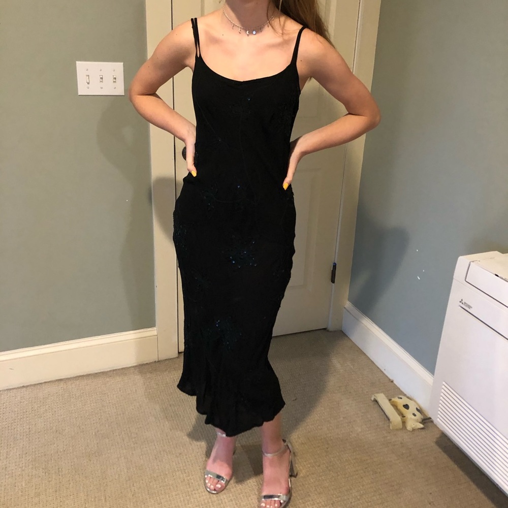 Spaghetti strap black beaded dress